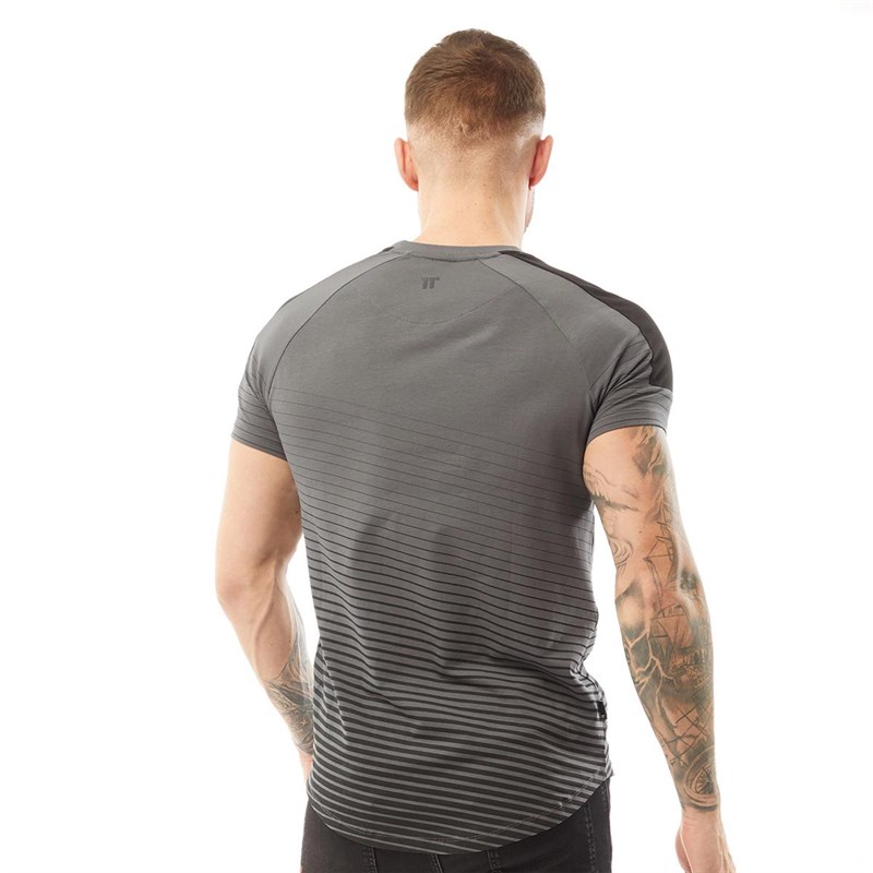 11 Degrees Mens Cut And Sew Diagonal Fade T-Shirt Muscle Fit Slate Grey/Black