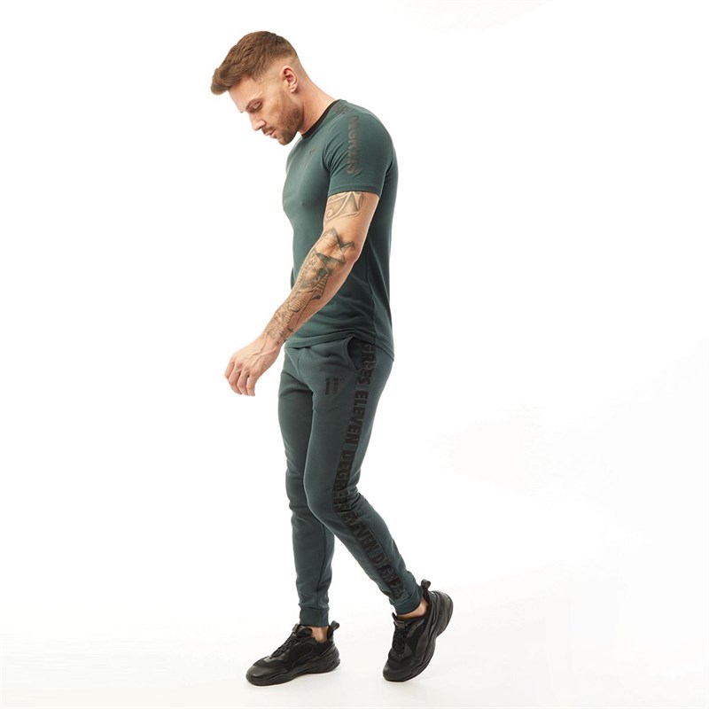 11 Degrees Mens Contrast Print Muscle Fit T-Shirt Darkest Spruce Green/Black