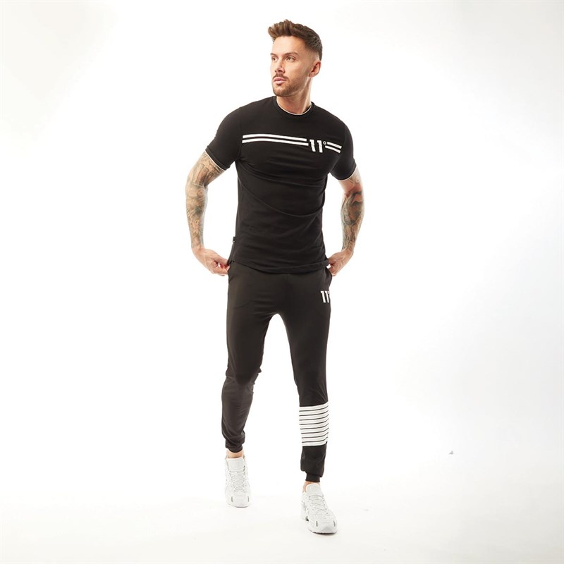 11 Degrees Mens Chest Stripe Muscle Fit Ringer T-Shirt Black/White