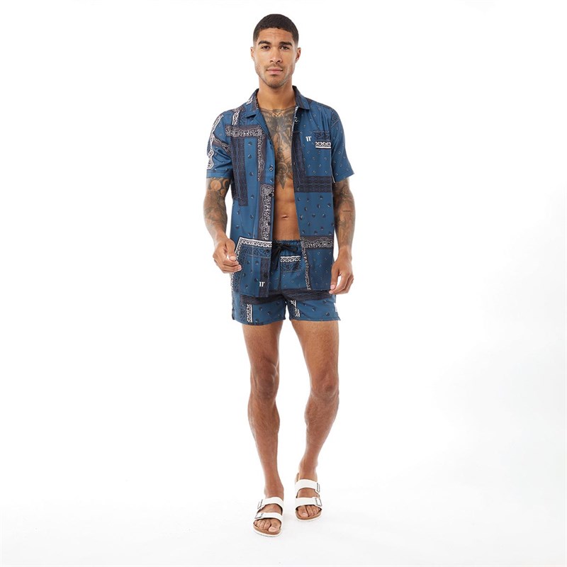 11 Degrees Herren All Over Print Resort Hemd mit kurzem Arm Dunkelblau