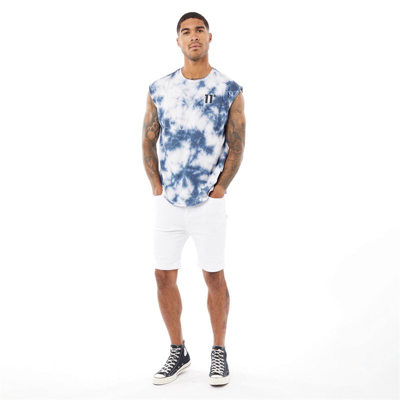 11 Degrees Mens Tie Dye Cut Off T-Shirt White / Blue