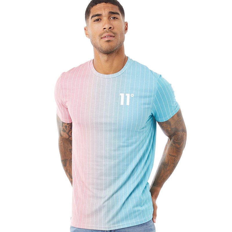 11 Degrees Mens Verticle Pinstripe Ombre T-Shirt Berry Mist / Teal