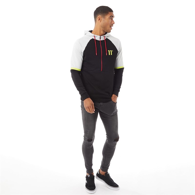 11 Degrees Mens Mixed Fabric Half Zip Hoodie Black/Vapour Grey/Lime
