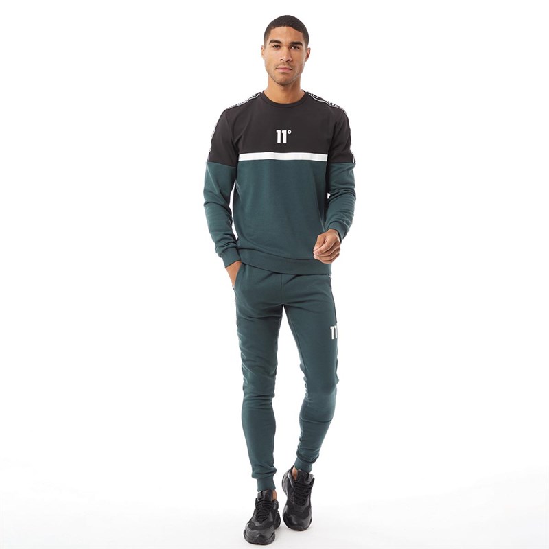 11 Degrees Mens Taped Skinny Fit Joggers Darkest Spruce Green/Black/White