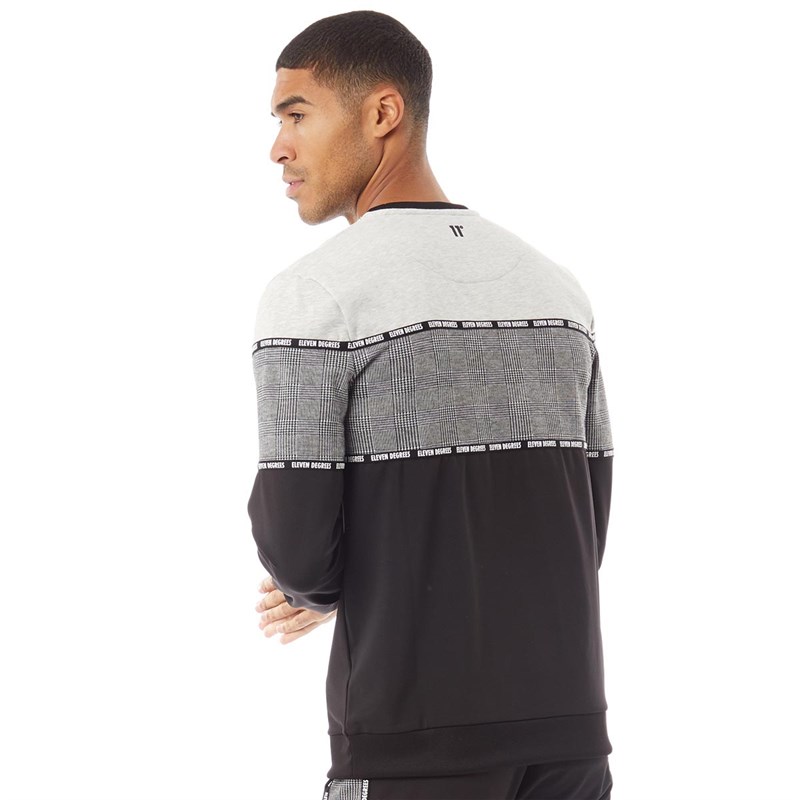 11 Degrees Mens Cut And Sew Triple Panel Sweatshirt Black/White/Grey Marl