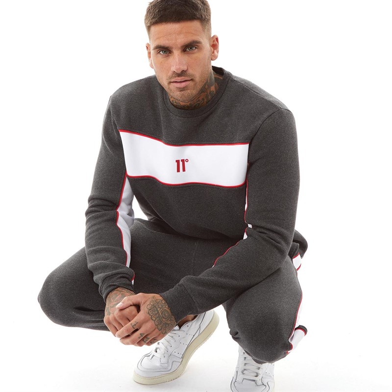 11 Degrees Mens Colour Block Piped Regular Fit Joggers Black Marl/White/Goji Berry Red
