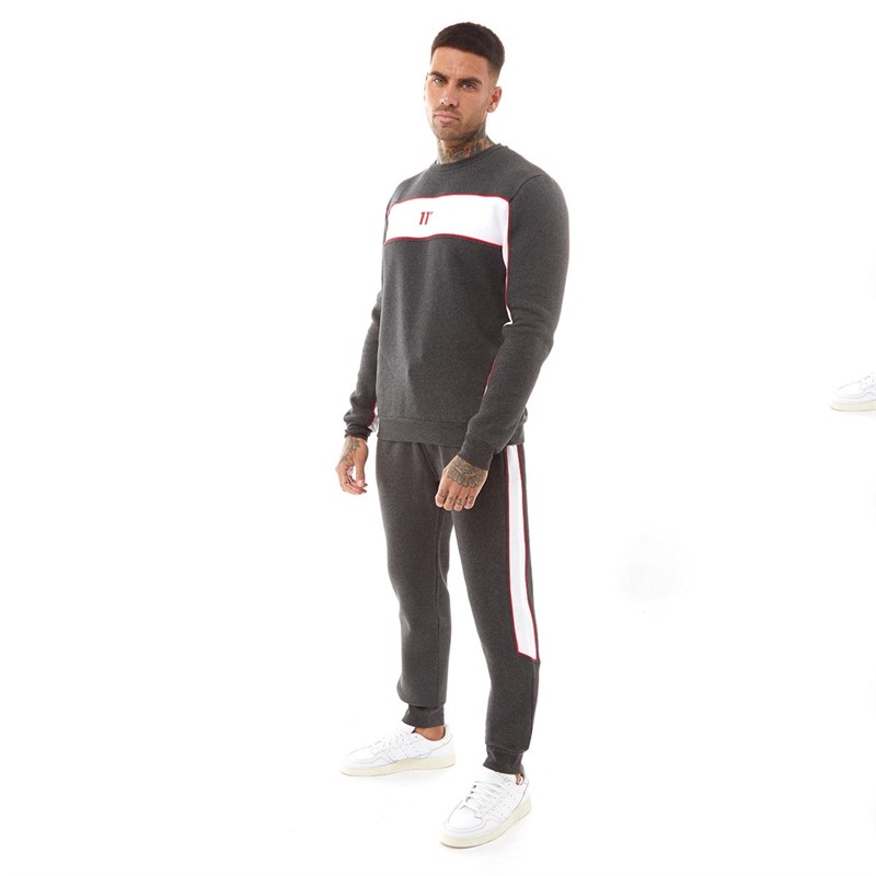 11 Degrees Mens Colour Block Sweatshirt Black Marl/White/Goji Berry Red