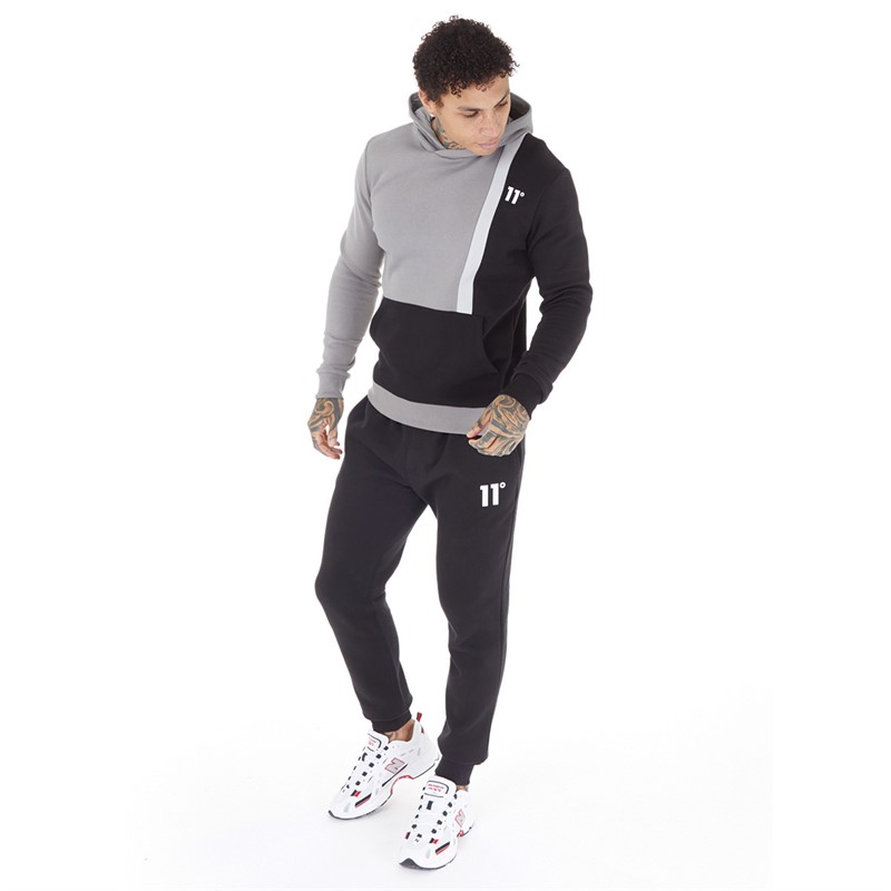 11 Degrees Mens Cut And Sew Colour Block Pullover Hoodie Shadow Grey/Black