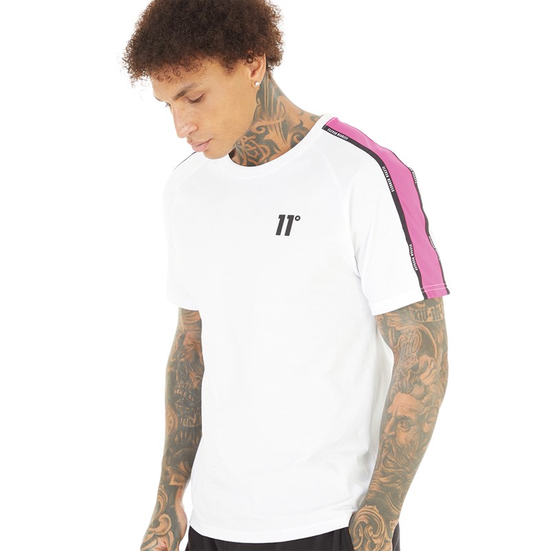 Buy 11 Degrees Mens Sleeve Panel Taped T Shirt Neon Pink Glo White