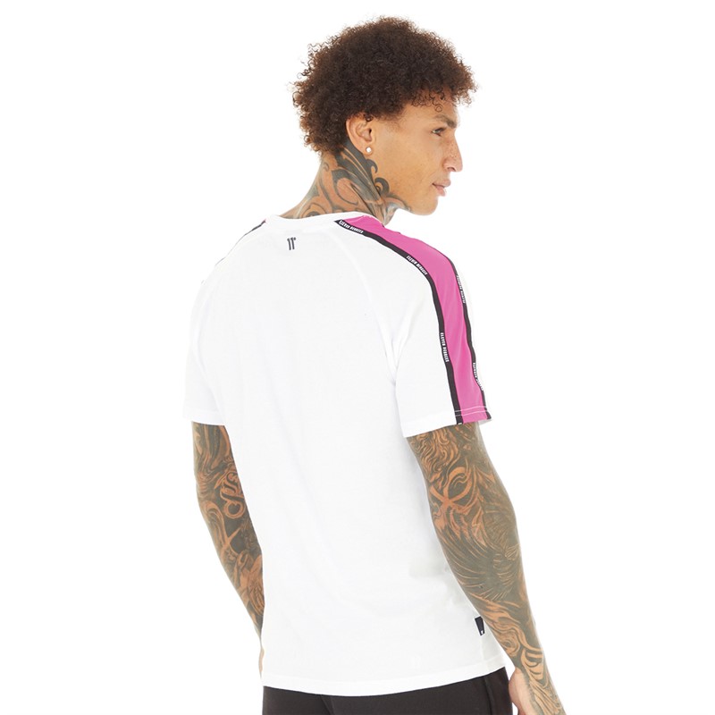 11 Degrees Mens Sleeve Panel Taped T-Shirt Neon Pink Glo/White