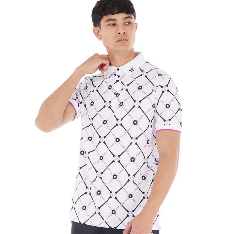 11 Degrees Mens Tee Print Polo White/Raspberry Pink