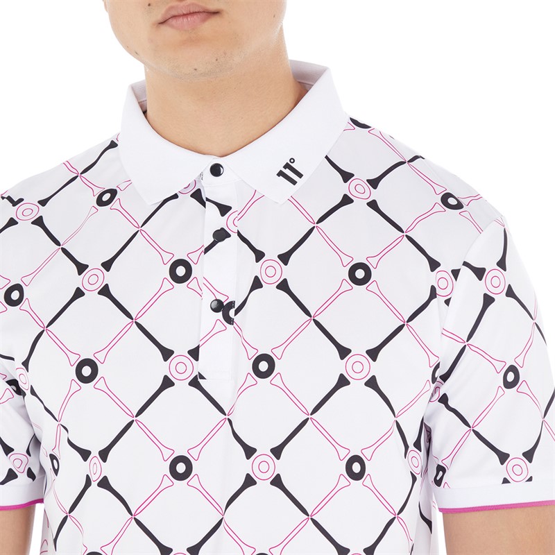 11 Degrees Mens Tee Print Polo White/Raspberry Pink