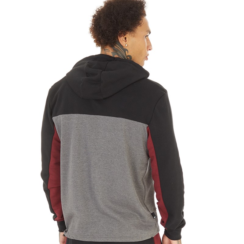 11 Degrees Mens Cut And Sew Panelled Pullover Hoodie Black/Pomegranate