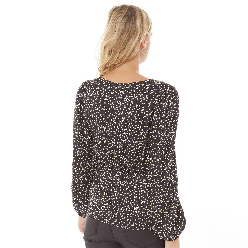 Girls On Film Womens Polka-Dot Foil Twist-Front Top Black