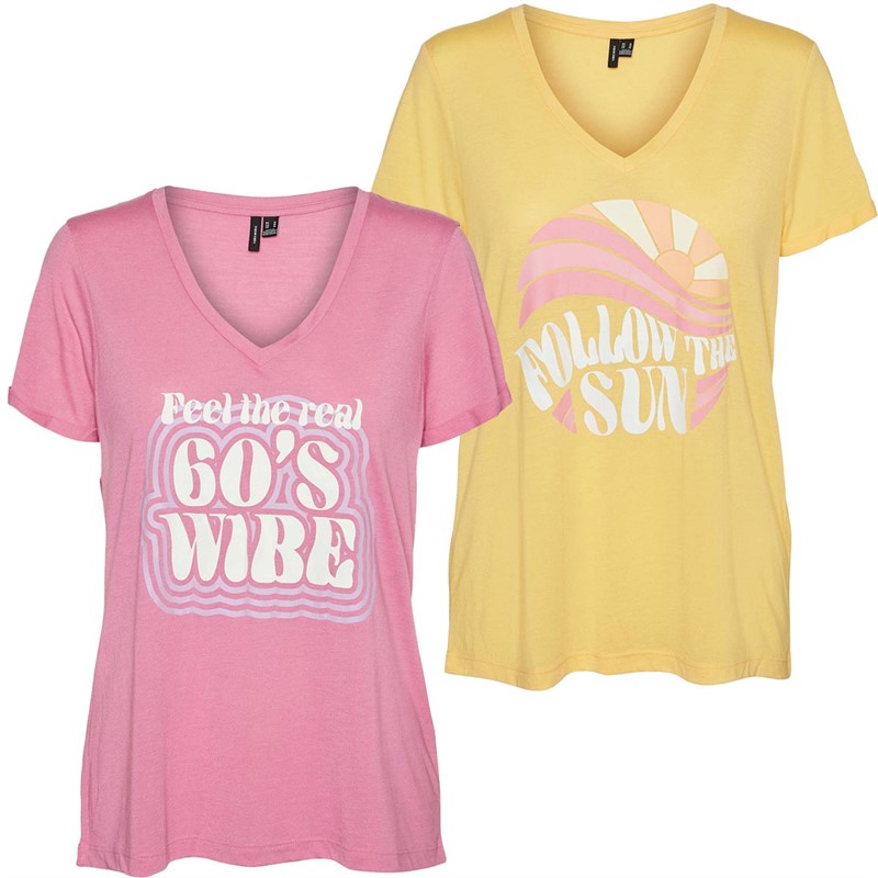 Vero Moda Womens Tess Two Pack Short Sleeve V-Neck T-Shirts Multi