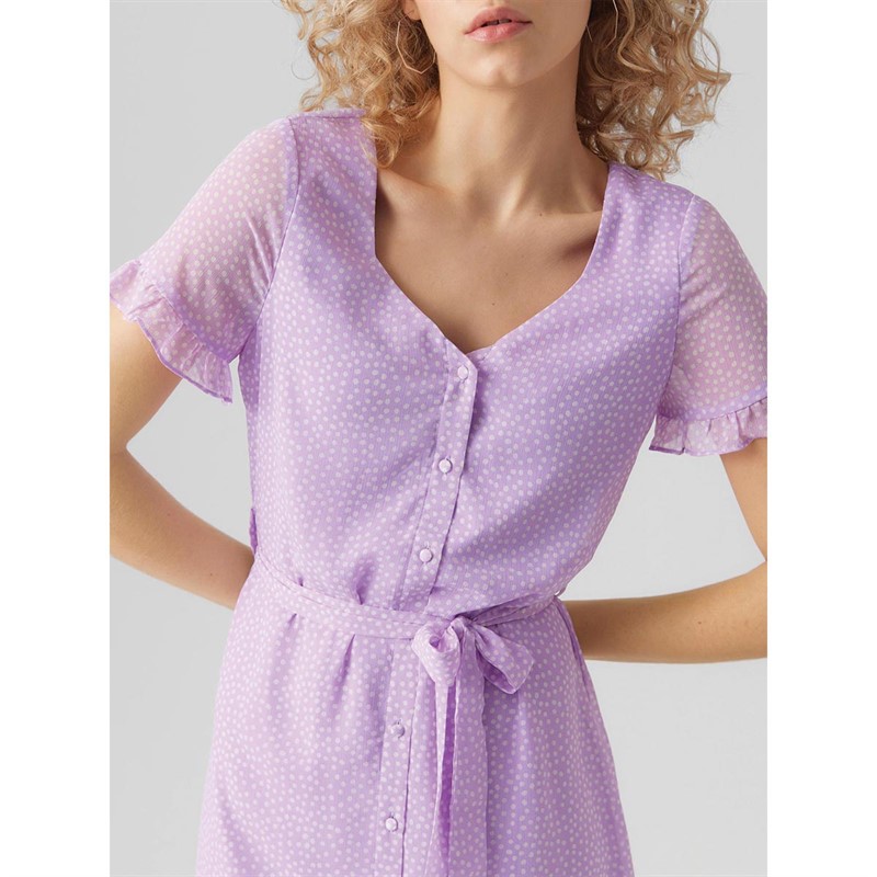Vero Moda Womens Caro Dotted Short Sleeve Short Dress Lavendula