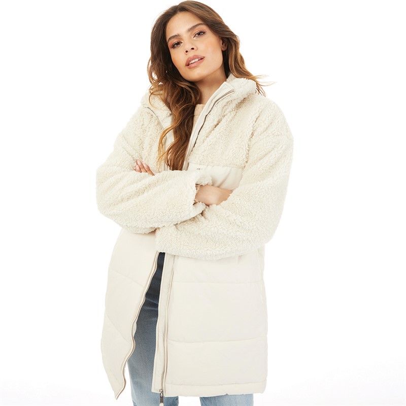 Vero Moda Womens Borg Panelled Puffer Coat Cream