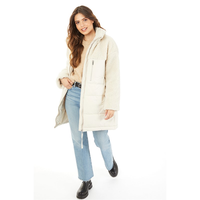 Vero Moda Womens Borg Panelled Puffer Coat Cream