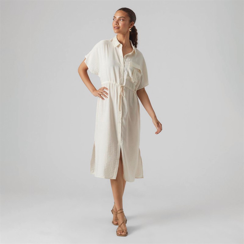 Vero Moda Womens Iris Short Sleeve Shirt Dress Pearled Ivory - Size L