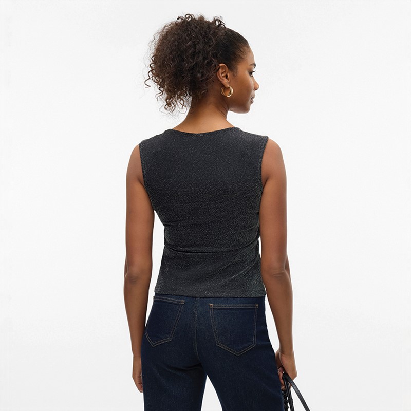 Vero Moda Dames Million Lurex Vierkante Hals Top Zwart Met Zilver