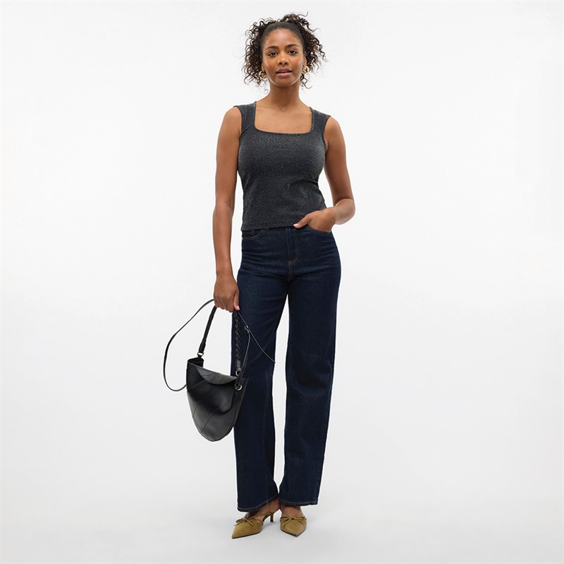 Vero Moda Dames Million Lurex Vierkante Hals Top Zwart Met Zilver