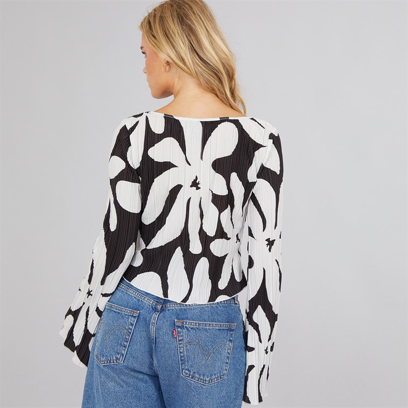 Vero Moda Haut Évasé à Manches Longues et Col Bateau Kendal Femme Noir Fleur Monochrome