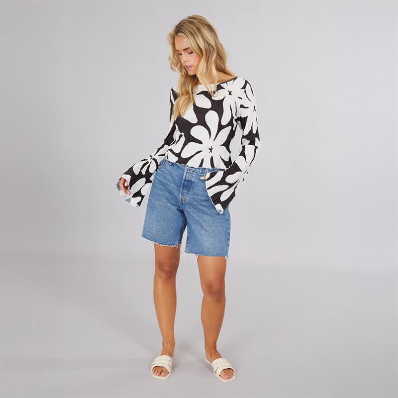 Vero Moda Haut Évasé à Manches Longues et Col Bateau Kendal Femme Noir Fleur Monochrome