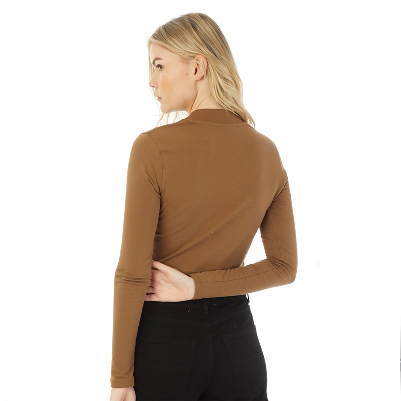 Vans Womens Varsity Logo Mock Neck Long Sleeve Top Sepia