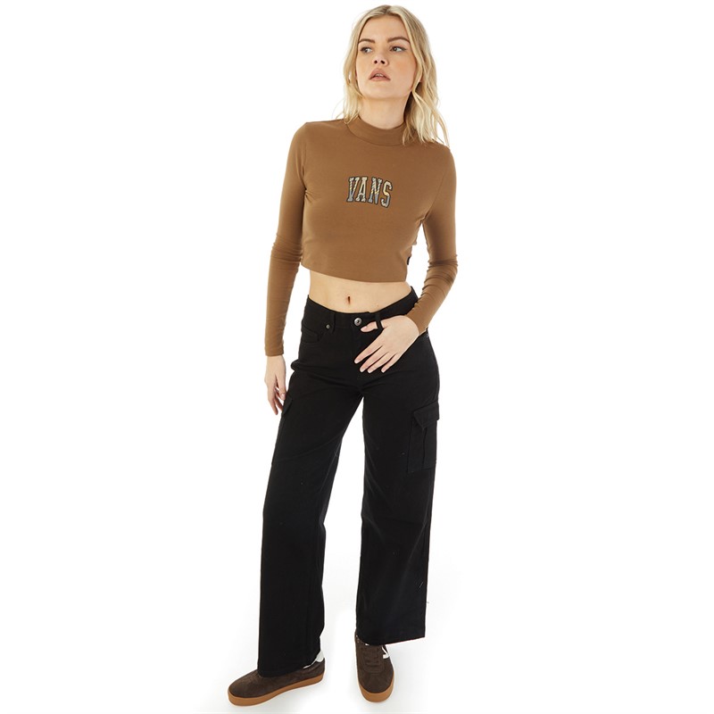 Vans Womens Varsity Logo Mock Neck Long Sleeve Top Sepia