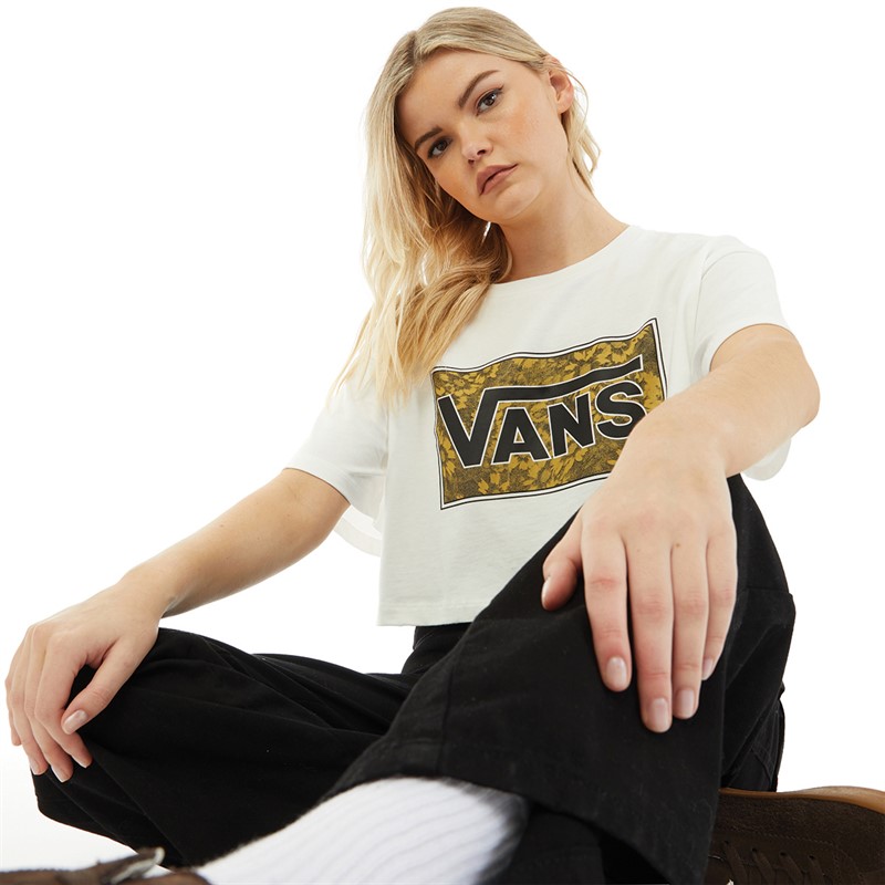 Vans Womens Abstract Flower Logo Cropped T-Shirt Marshmallow