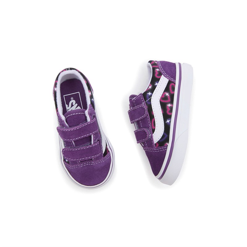 Vans Infant Girls Old Skool Neon Hearts Velcro Trainers Purple/Multi