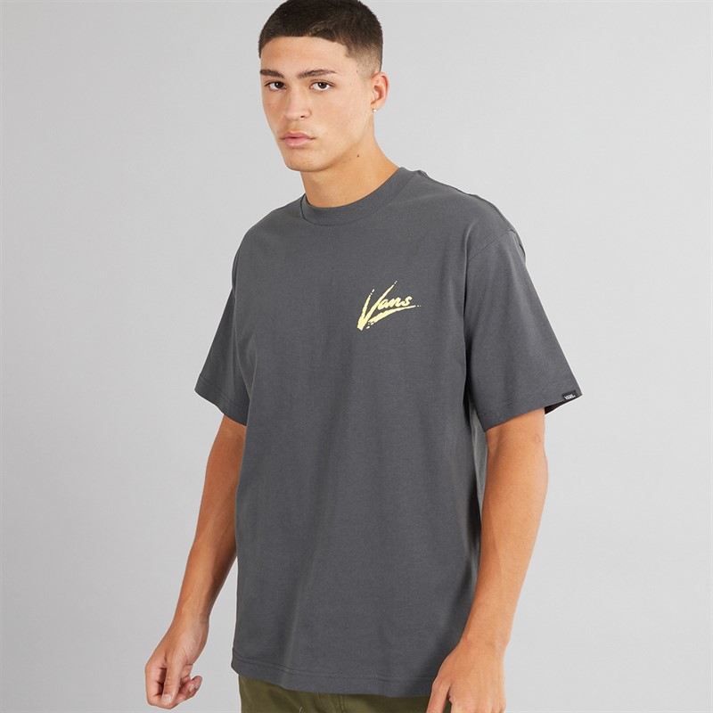 Vans Mens Brush Script Loose Fit T-Shirt Asphalt/Shadow Lime