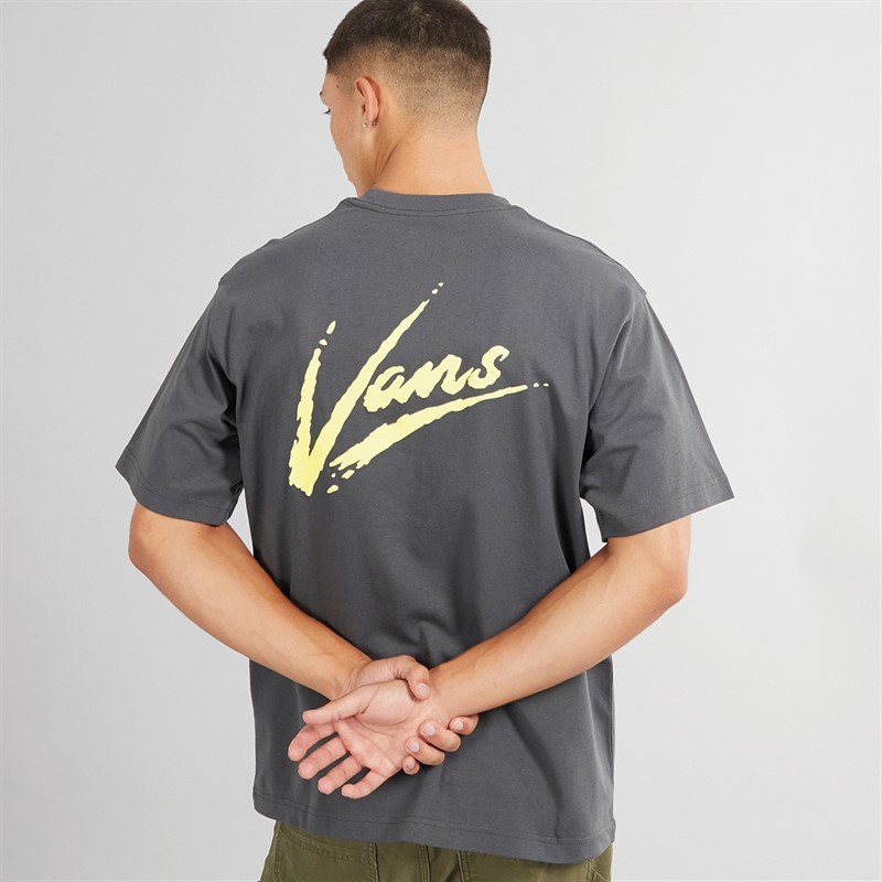 Vans Mens Brush Script Loose Fit T-Shirt Asphalt/Shadow Lime