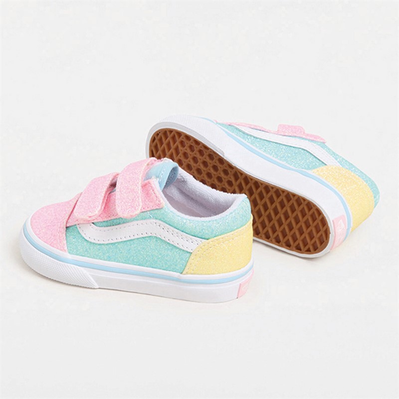 Vans Infant Girls Old Skool Velcro Glitter Trainers Pastel Multi