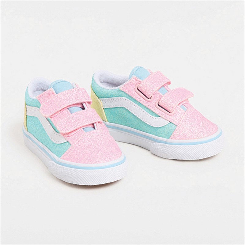 Vans Infant Girls Old Skool Velcro Glitter Trainers Pastel Multi