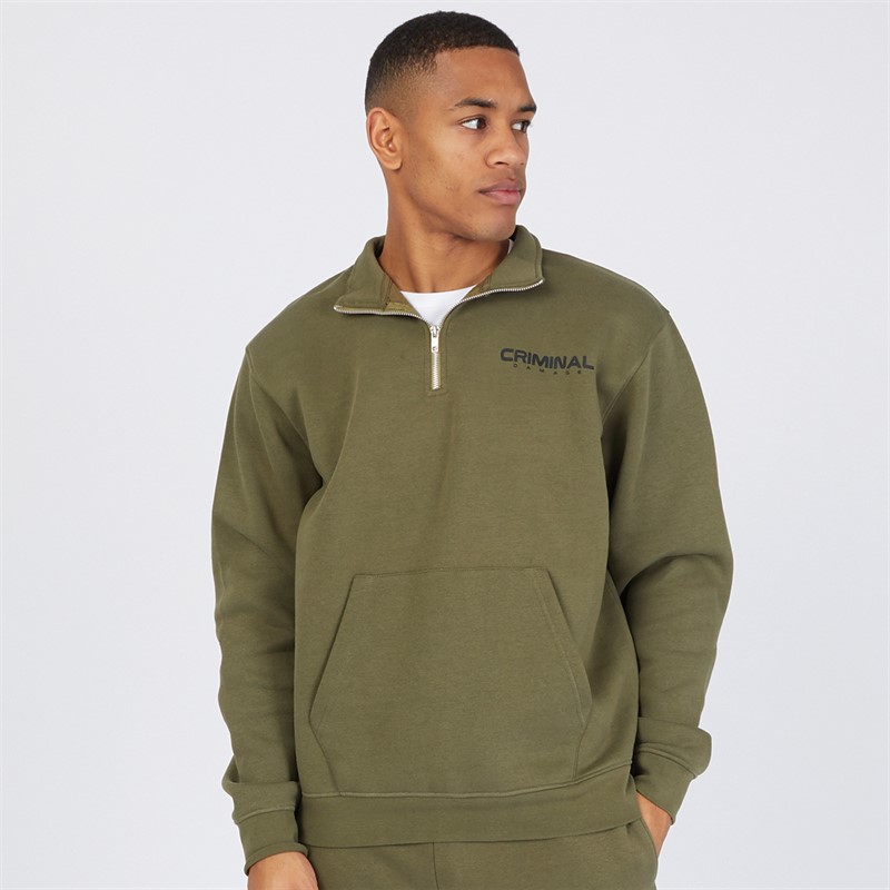 Criminal Damage Mens Olympus 1/4 Zip Sweatshirt Khaki