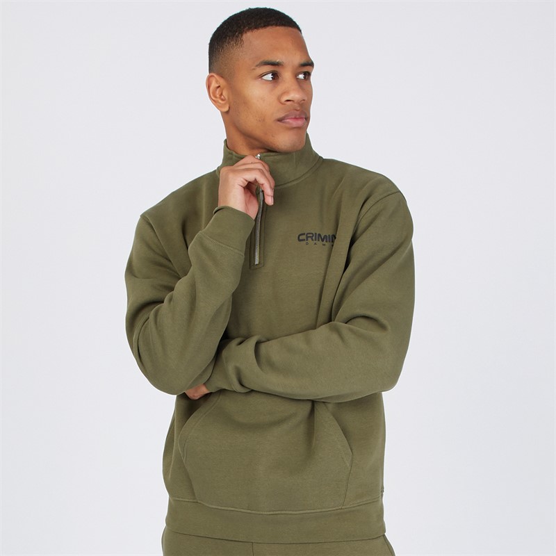 Criminal Damage Mens Olympus 1/4 Zip Sweatshirt Khaki