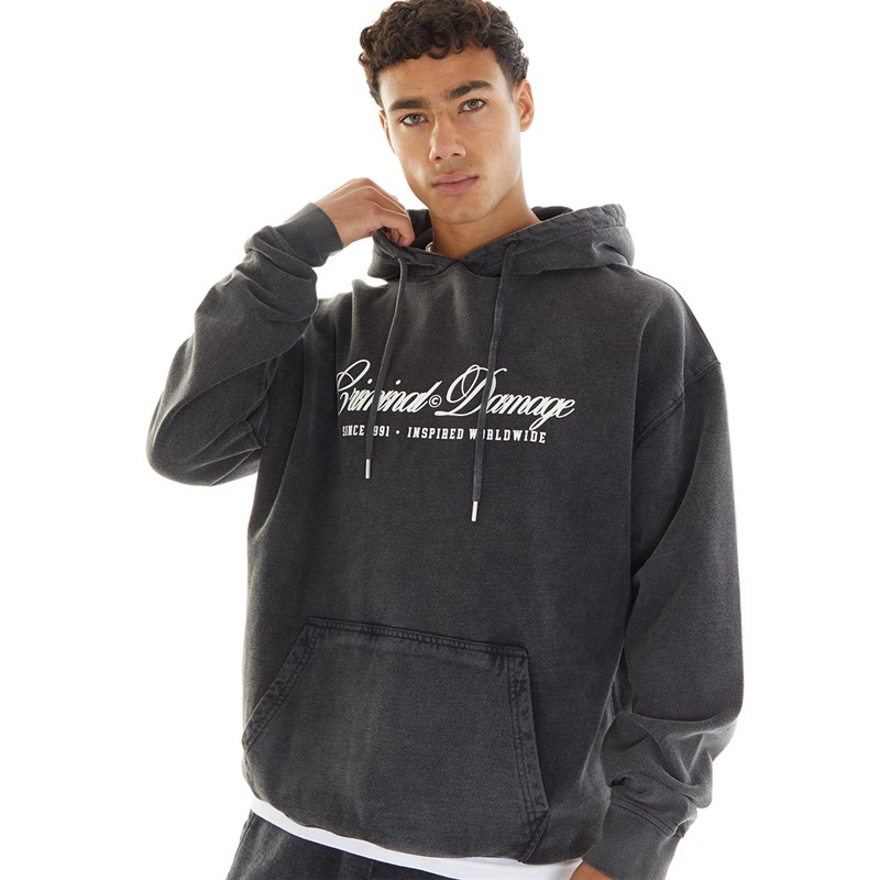 Criminal Damage Mens Marble Wash Hoodie Black Wash