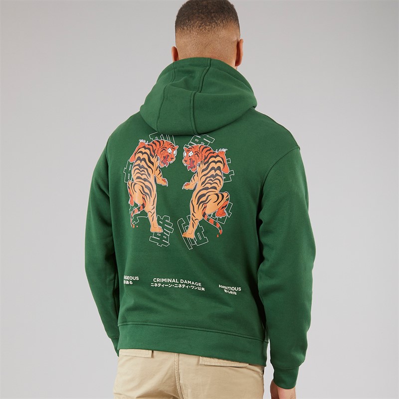 Criminal Damage Mens Twin Tiger Hoodie Green
