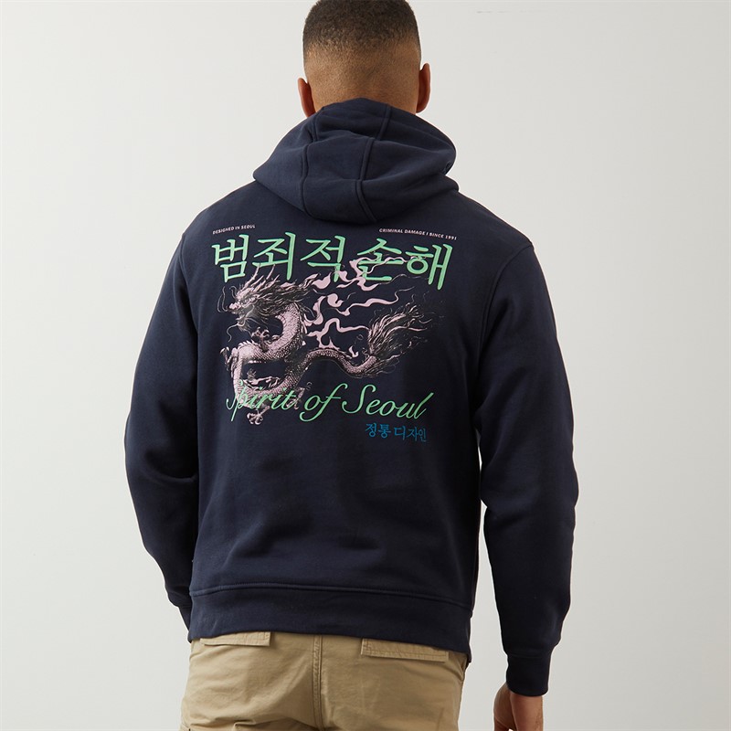 Criminal Damage Mens Dragon Seoul Hoodie Navy