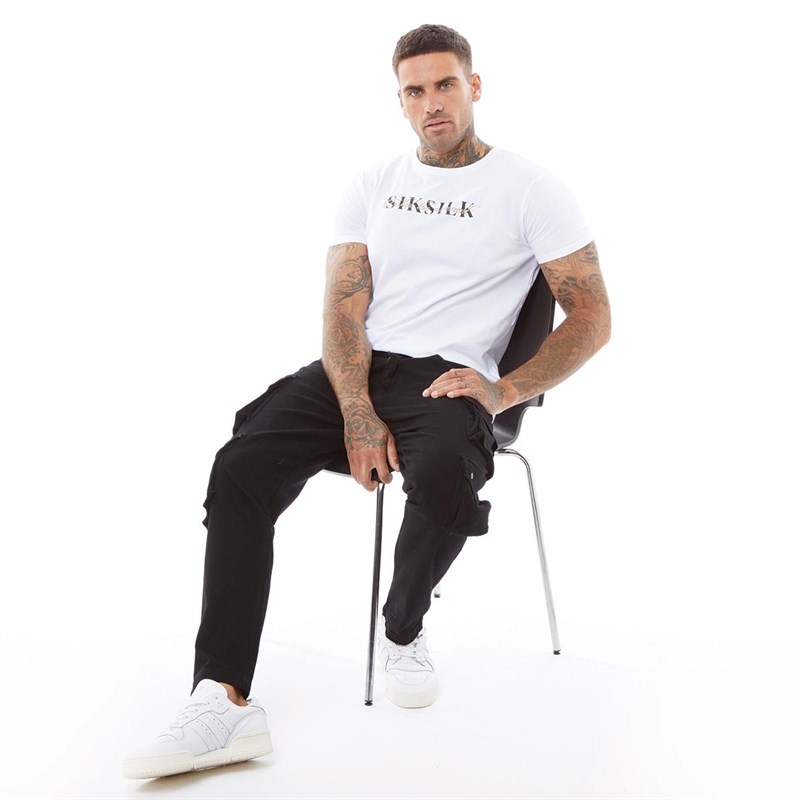 SikSilk Mens Oversized Dual Script Logo T-Shirt White
