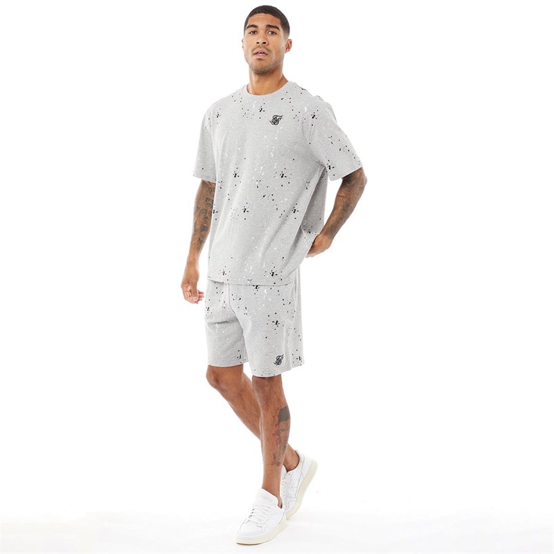 SikSilk Mens Paint Splatter T-Shirt Grey Marl