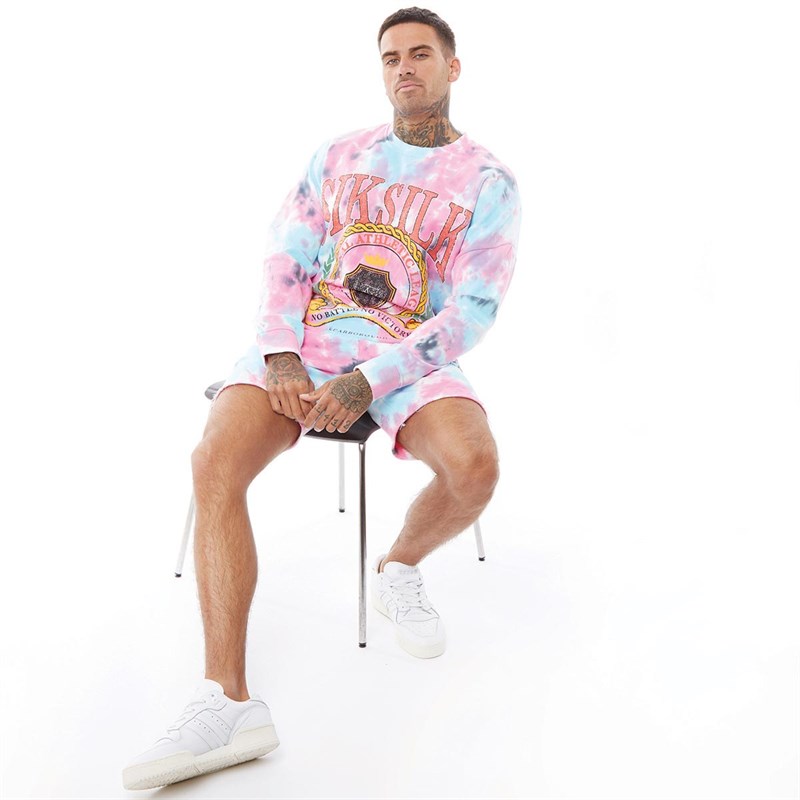 SikSilk Mens Long Sleeve Tie Dye Varsity Sweater White Blue/Pink