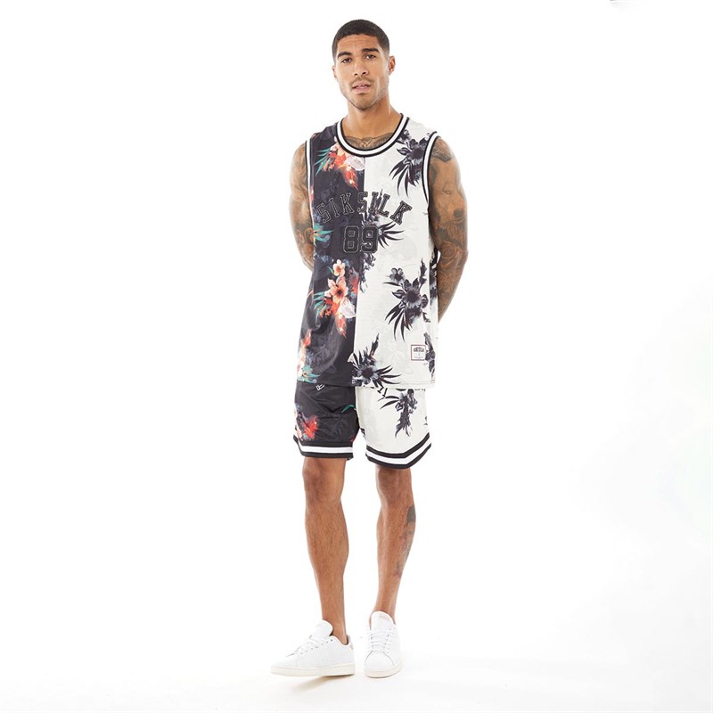SikSilk Mens Retro Fire Basketball Vest Black/Ecru