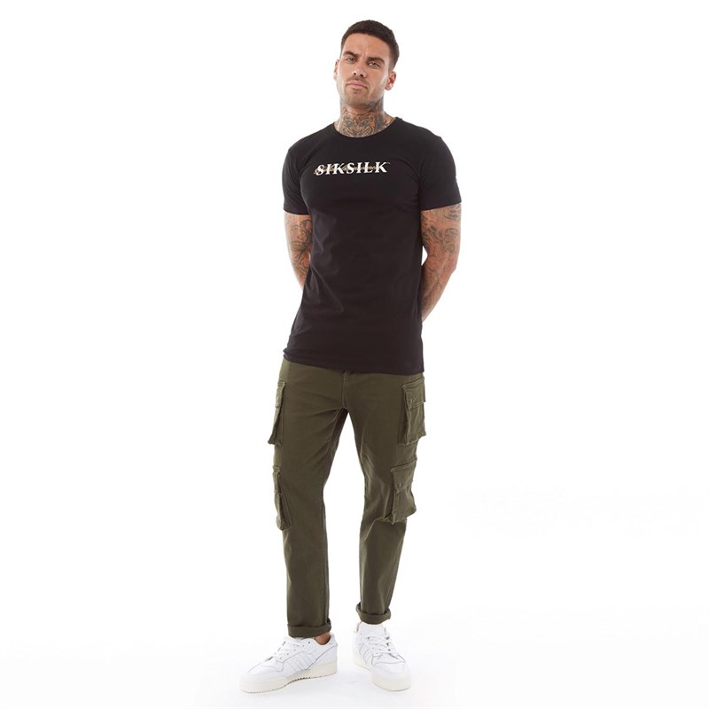 SikSilk Mens Oversized Dual Script Logo T-Shirt Black