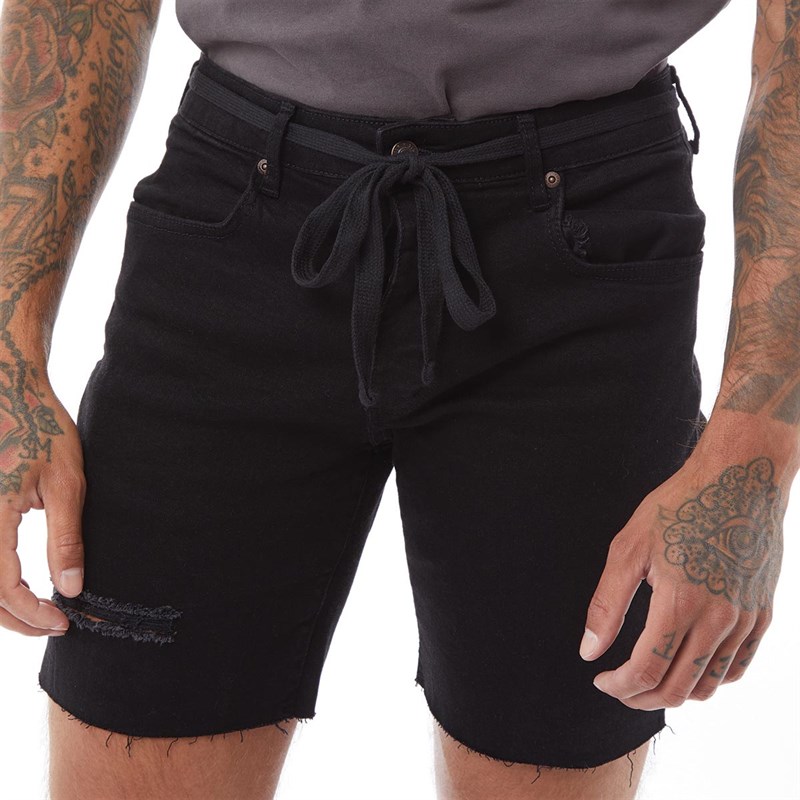SikSilk Mens Raw Hem Distressed Denim Shorts Black
