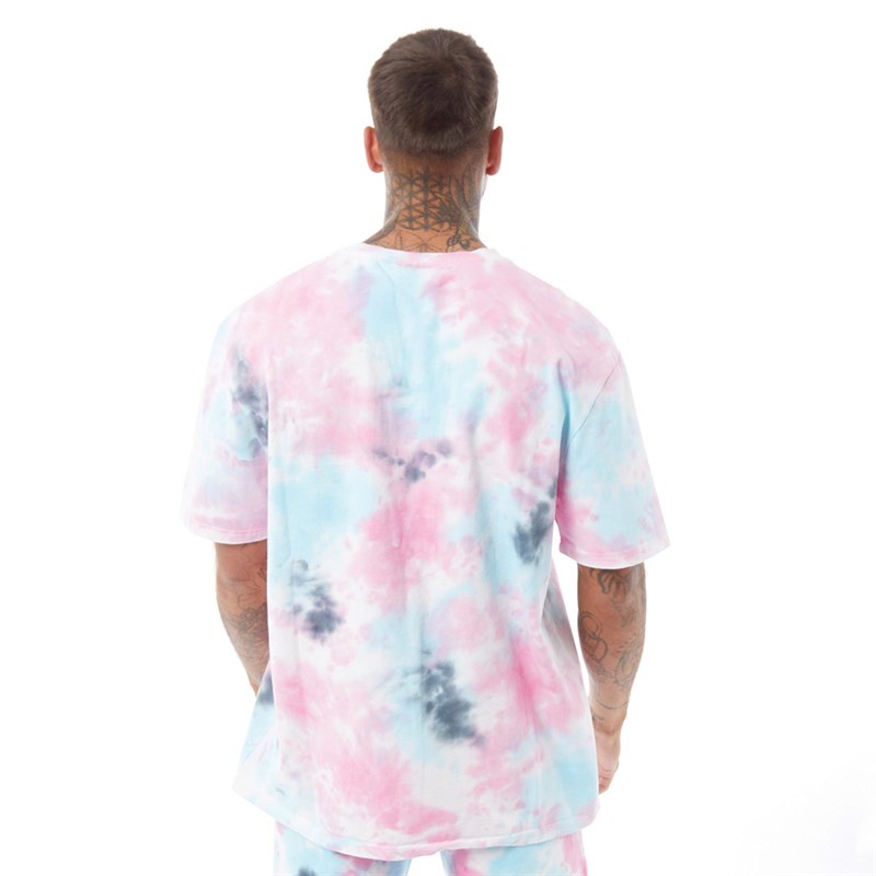 SikSilk Mens Short Sleeve Tie Dye Varsity Essential T-Shirt White Blue/Pink