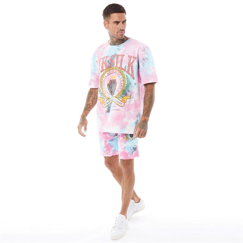 SikSilk Mens Short Sleeve Tie Dye Varsity Essential T-Shirt White Blue/Pink