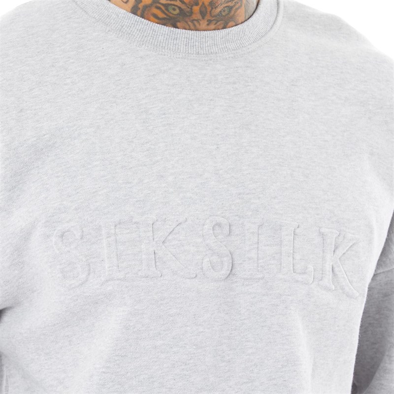 SikSilk Mens Foundation Embossed Crew Sweater Light Grey Marl