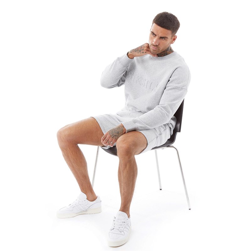 SikSilk Mens Foundation Embossed Crew Sweater Light Grey Marl